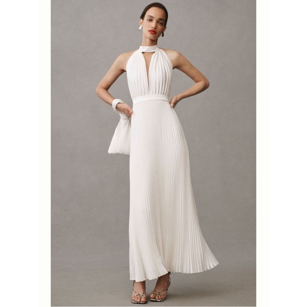 L’IDEE Chateau Gown Halter Cutout Pleated Long Dress Bridal Ivory White 6 NEW